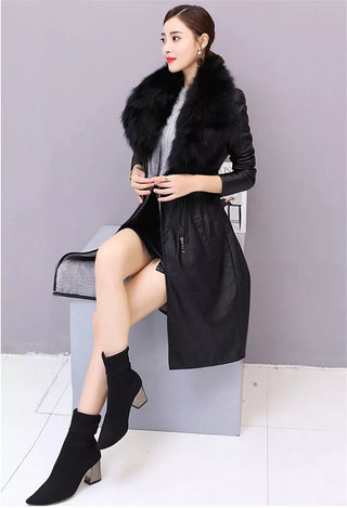 Women's Leather Velvet Warm Slim Big Fur Collar Long Leather Coat