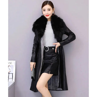 Long Leather Coat Female Outerwear With Belt M-4XL