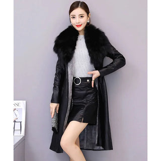 Women's Leather Velvet Warm Slim Big Fur Collar Long Leather Coat