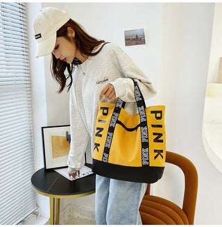 Colorblock Pink Letter Graphic Tote Handbags nylon fabric