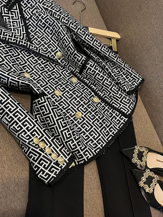 hite Geometric Pattern Jacquard Double-breasted Women Blazer