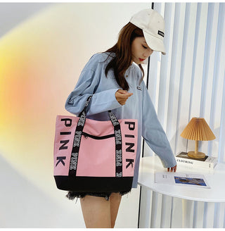 Colorblock Pink Letter Graphic Tote Handbags nylon fabric