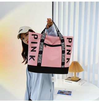 Colorblock Pink Letter Graphic Tote Handbags nylon fabric