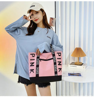 Colorblock Pink Letter Graphic Tote Handbags nylon fabric