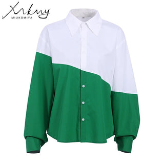 MiuKoMiYa Spring 2022 Womens Shirt Lapel Stitching Green Shirt Top Women LongSleeve White Top Cotton Shirt