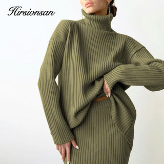 New Casual Two Pieces Turtle Neck Sweater and Midi Skirt Female Warm Suits with Skirt