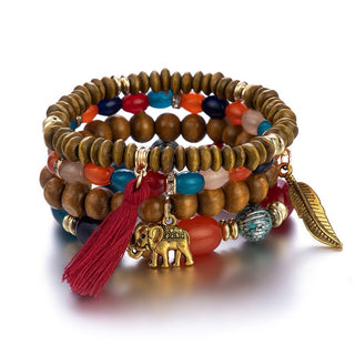 Mexico Bohemian Style Women Accessories Multi-Layer Wooden Beaded Bracelet Tree of Life Tassel Pendant Elastic Bracelet Jewelry