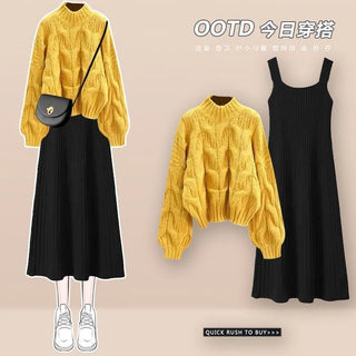 Knitted Sweater Strap Skirt Two Piece Korean Elegant Pullover Dress Suit