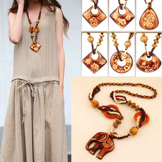 Boho Jewelry Ethnic Style Long Hand Made Bead Wood Elephant Pendant Necklace Sweater Chain For Women Fashion Neck Jewelry Gift