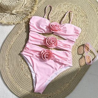 New 2024 Sexy Pink 3D Flower Swimwear Woman One Piece Swimsuits