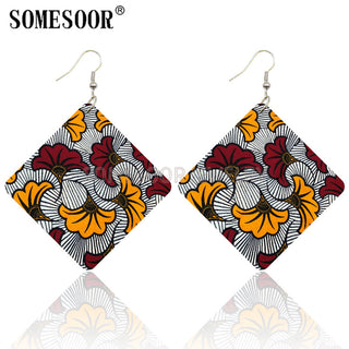 SOMESOOR Geometric African Fabric Style Bohemian Wooden Drop Earrings Afro Ethnic Square Pendant Dangle Jewelry For Women Gifts