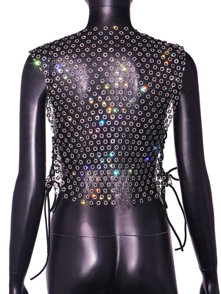 Women Fishnet Rhinestone Tank