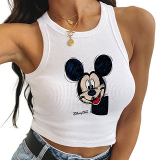 Divertides samarretes de tirants sense mànigues de Mickey Mouse Minnie Samarretes de moda casuals per a dones Crop Top de High Street Kawaii Croptop Armilla d'estiu