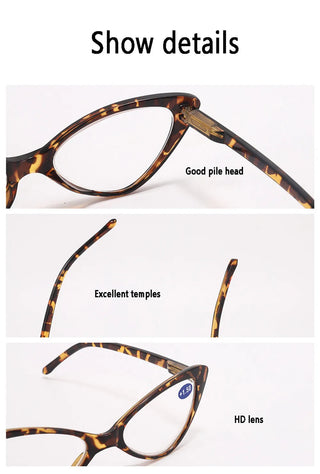 Women Cat Eye Reading Glasses Anti Blue Light Magnifying Computer Glasses Clear Lens Black Leopard Frame Plus Reading Glasses