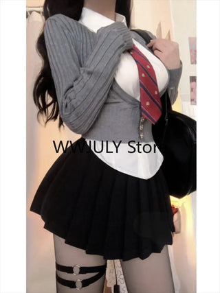 Japanese Uniform Suit Woman Grey Slim Knitted Sweater Tops