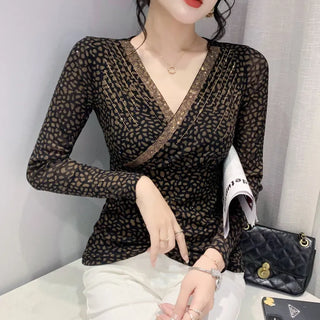 Leopard Mesh T Shirt Women V-neck Diamonds Sexy Tight Short T-shirt Female Long Sleeve Vintage Wrap Tshirt Femme Thin Slim