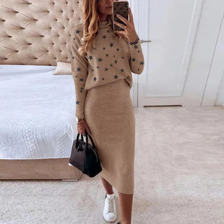 Autumn Winter Women's Knitted Sweater Skirt Two Piece Set Women