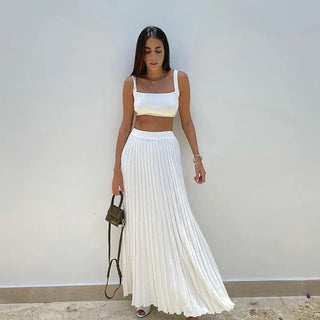 Pleated Knitted Skirt Suits For Women Long Dress Sets Summer