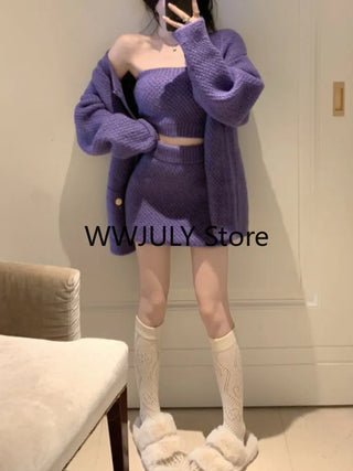 2023 Autumn Purple Knitted Sweater Suit Woman Sexy Y2k Mini Skirt Party Korea 3 Piece Set