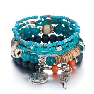 Mexico Bohemian Style Women Accessories Multi-Layer Wooden Beaded Bracelet Tree of Life Tassel Pendant Elastic Bracelet Jewelry