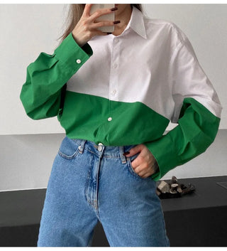 MiuKoMiYa Spring 2022 Womens Shirt Lapel Stitching Green Shirt Top Women LongSleeve White Top Cotton Shirt