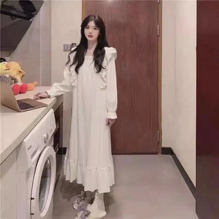 White Night Dress Women Korean Style Ruffles