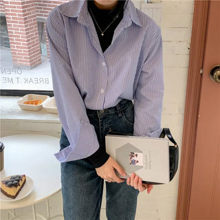 New Women's Simple Loose Tops with Pinstripes Loose Longsleeved Shirts Women Shirts  Button Up Shirt Korean Fashion Shirts Women