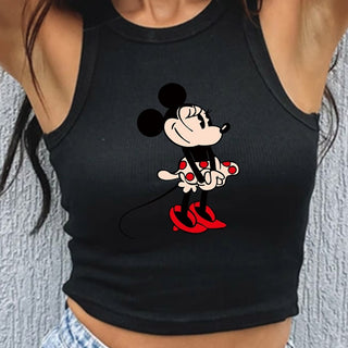 Divertides samarretes de tirants sense mànigues de Mickey Mouse Minnie Samarretes de moda casuals per a dones Crop Top de High Street Kawaii Croptop Armilla d'estiu