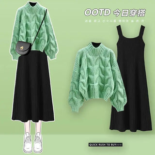 Knitted Sweater Strap Skirt Two Piece Korean Elegant Pullover Dress Suit