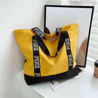 Colorblock Pink Letter Graphic Tote Handbags nylon fabric