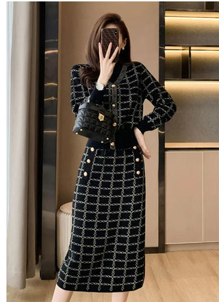 Elegant Half Turtleneck Plaid Sweaters Tops+slim High Waist Knitwear Skirts 2 Piece