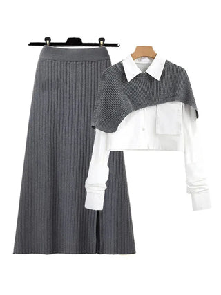 Women's Shawl Shirt Three-piece Set+High Waist Knitting Half-body Skirt Set Women Fashion 3 Piece Set