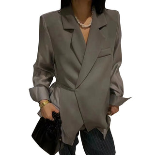 Women Notched Collar Long Sleeve Lace Up Loose Blazers