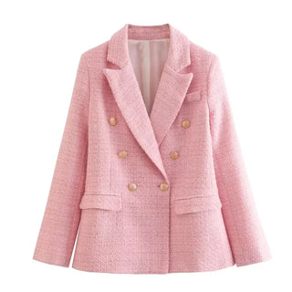 Fashion Women Beige Tweed Blazer Jacket For Office Lady