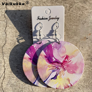 Voikukka Jewelry 6 CM Circle Floral Double-sided Printing Flowers Country Style Wooden Pendant Drop Fashion Earrings For Women