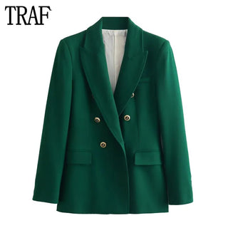 TRAF Green Women's Blazer Tailoring Double Breasted Blazer