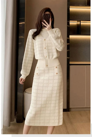 Elegant Half Turtleneck Plaid Sweaters Tops+slim High Waist Knitwear Skirts 2 Piece