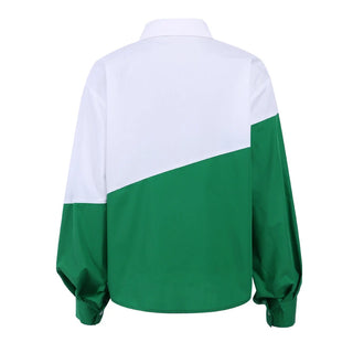 MiuKoMiYa Spring 2022 Womens Shirt Lapel Stitching Green Shirt Top Women LongSleeve White Top Cotton Shirt