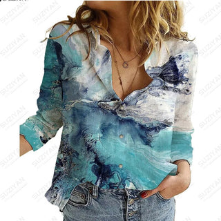 2023Women's Spring New LongSleeve Shirt Gradient Speckled 3D Printing Hot Selling Women's Polo Collar Single breasted Casual Top