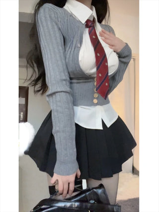 Japanese Uniform Suit Woman Grey Slim Knitted Sweater Tops