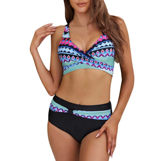 Women's Summer Bohemian Style Patchwork Printed Bikini Swimsuit Two Piece Set