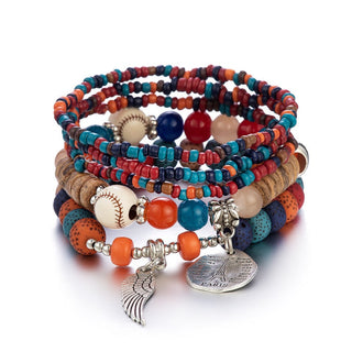 Mexico Bohemian Style Women Accessories Multi-Layer Wooden Beaded Bracelet Tree of Life Tassel Pendant Elastic Bracelet Jewelry