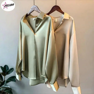Satin Shirt Womens Clothing Silk Shirts Vintage Blouse Office Lady Sheer Top Longsleeve Dress Shirt Ladies Overshirt Alodia Store