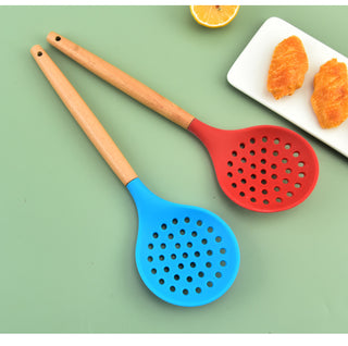 1Pcs Cooking Silicone Strainer Food Non-Stick Heat-Resistant Wooden Handle Colander Spoon Skimmer Strainer Cooking Kitchen Tools