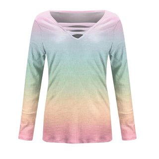 Women Blouse Longsleeve Women'S T-Shirt Fashion Casual Gradient Color Print V-Neck Slim Long Sleeve Top футболка оверсайз