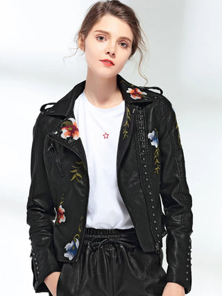 Ftlzz Women Floral Print Embroidery Faux Soft Leather Jacket Coat