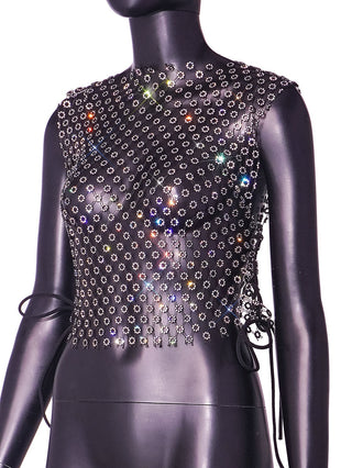 Women Fishnet Rhinestone Tank