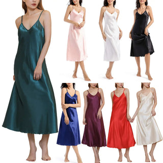 Women's Satin Nightgown Long Slip Sleep Dress Silk V Neck Sleepwear Solid Color Nightwear