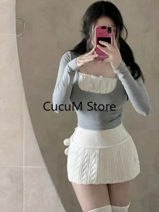 Knitted 2 Piece Dress Set Casual Short Sweater Tops