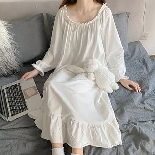 White Night Dress Women Korean Style Ruffles